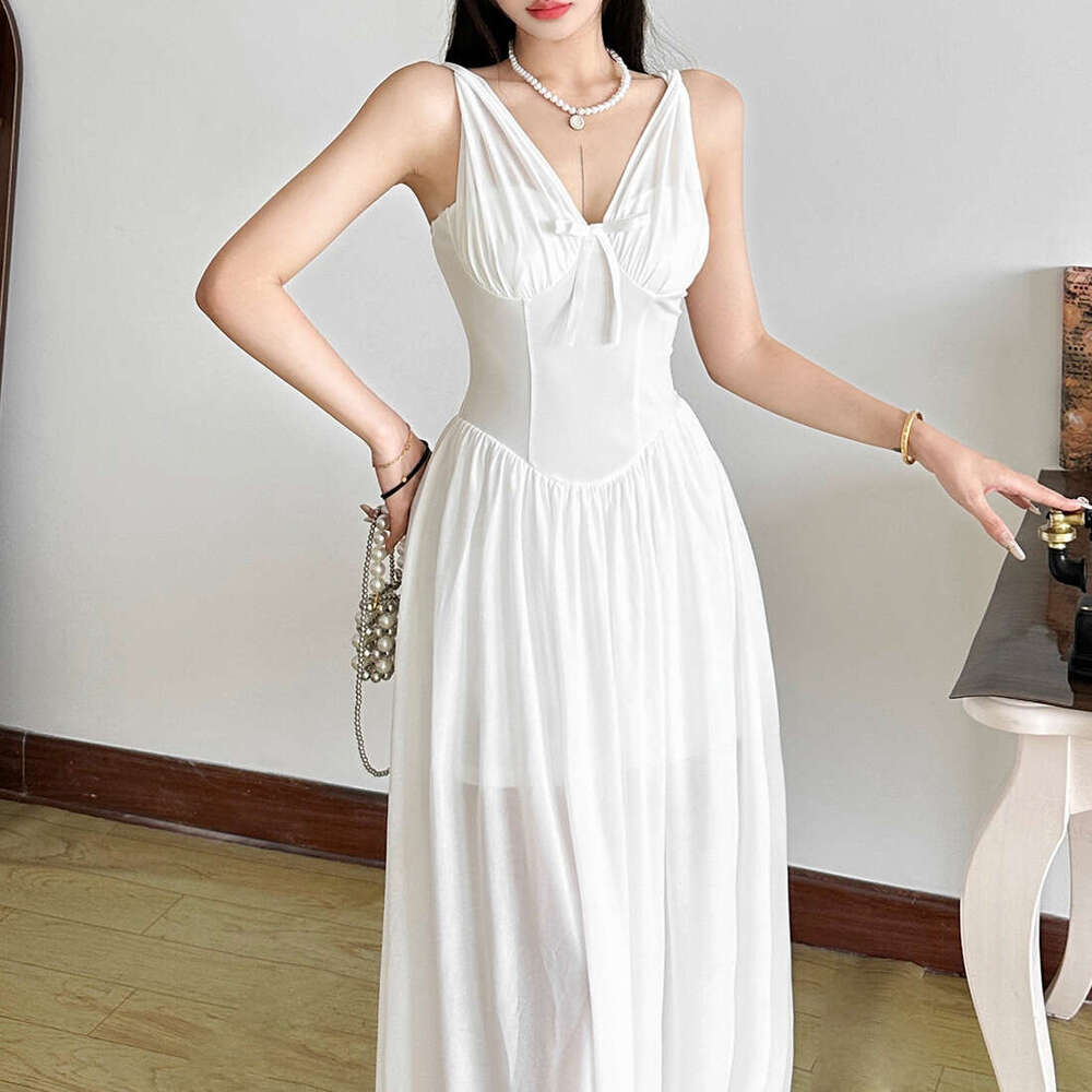 2025 Summer New Elegant Slim Waist Sexy V-neck Backless Strap Long Dress Women's Fashion c18