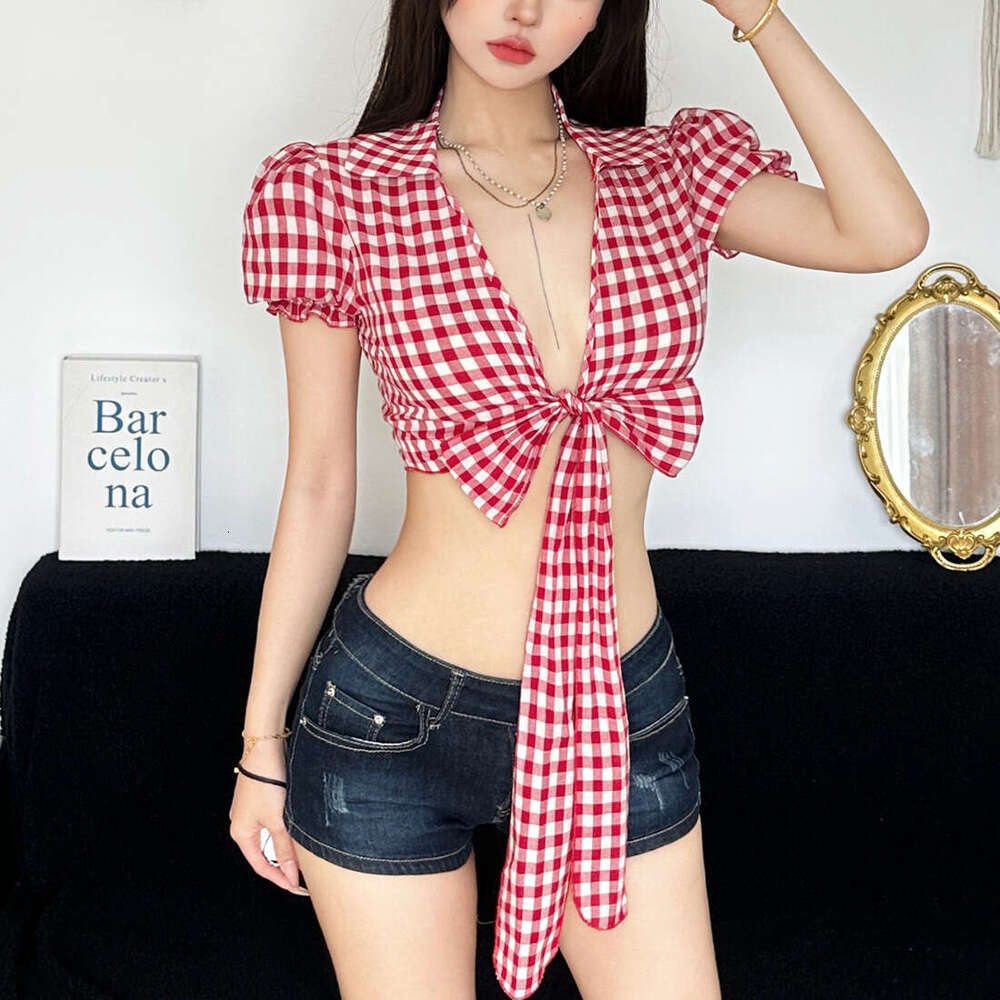 2025 Summer Trend Hot Girl Fashion Sexy Deep V Crop Plaid Slim Fit Personality Versatile Top 86f