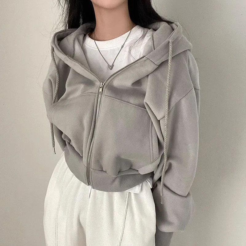 Korean Hood Shirt Women Fashion Fleece Lined Loose Hoodies Zipper Long Sleeve Crop Tops Harajuku Female Jackets Coats Sweatshirt 250725