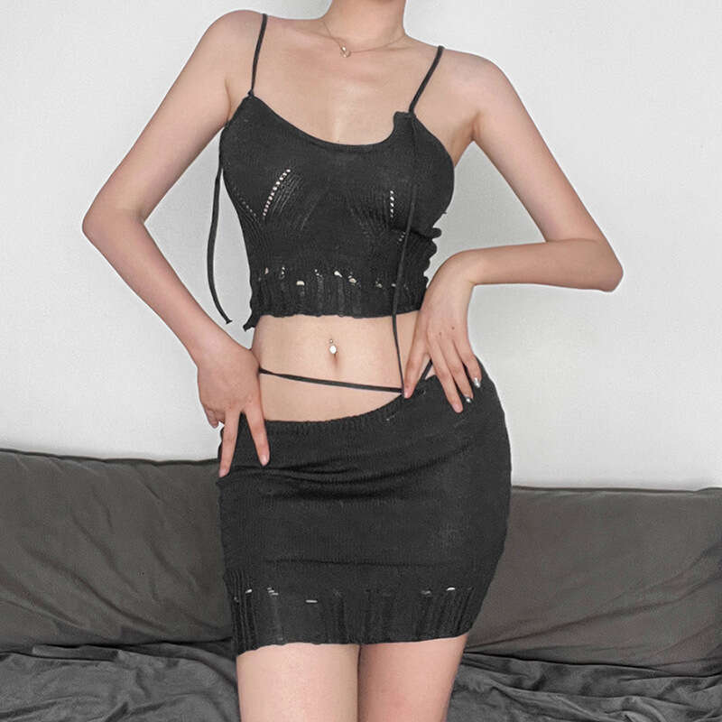 Women's Clothing 2023 Summer New Sexy Strap Mesh Tank Top High Waist Bodycon Skirt 156