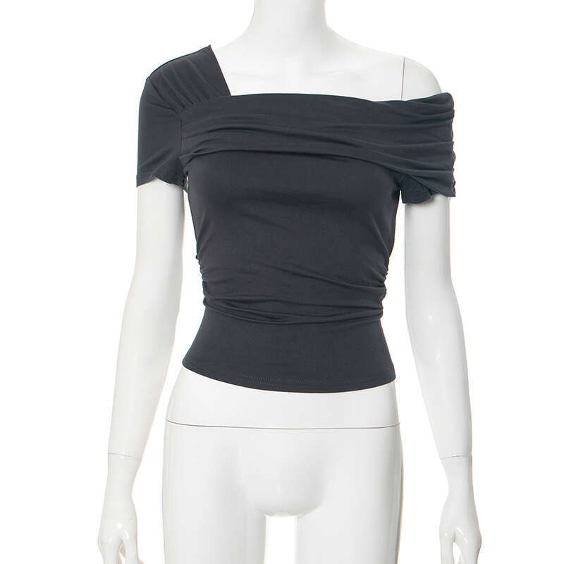 Y23tp706 Women's Autumn New Solid Color One-Shoulder Short Sleeve Backless Ruched Top T-Shirt B5