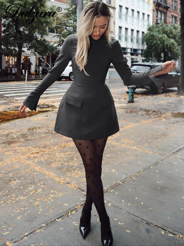 Dulzura Long Sleeves Zipper Bodycon Mini Dress With Pocket Solid Elegant Outfit Office Streetwear WomenS Autumn Winter Clothes 250717