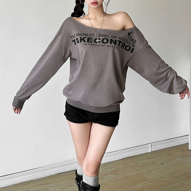 2024 Autumn New Women's Solid Color Loose Street Fashion Asymmetrical Neck Backless Long Sleeve Sweatshirt 6a5