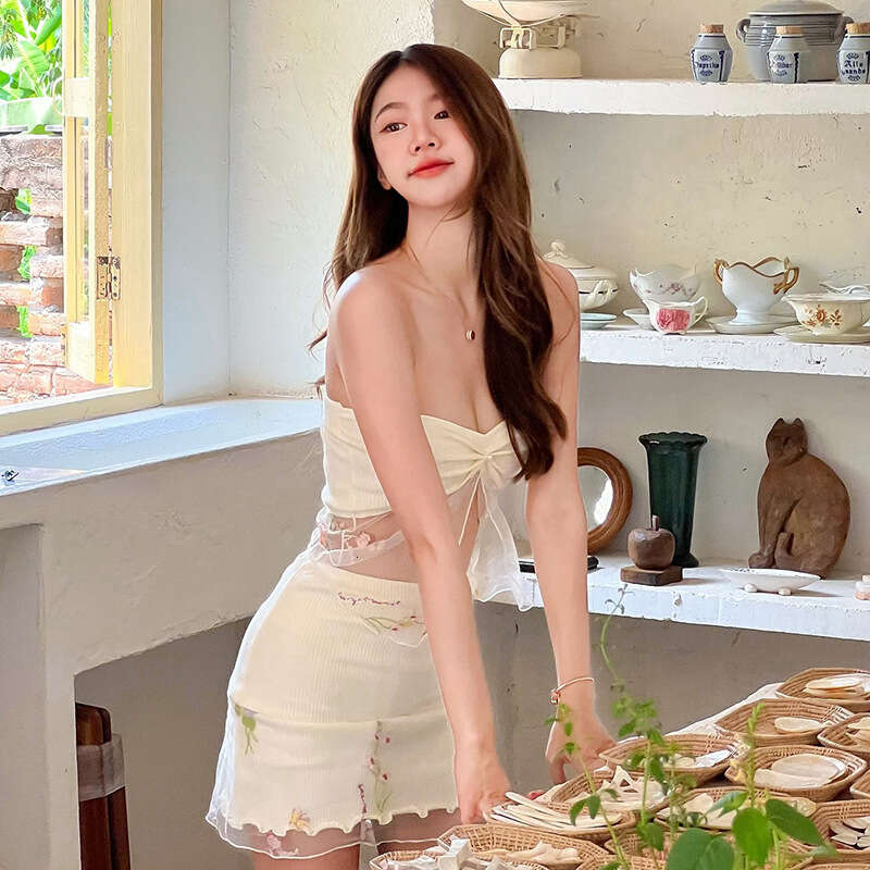 2025 Spring New Women's Solid Color Slim Fit Tube Top Vest Fashion High Waist Skirt Set f10