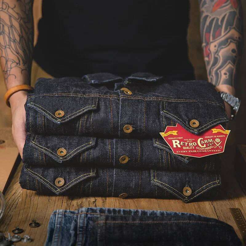 Maden Classic 14.8Oz Type III For Men Slim-Fit Denim Jacket Exposed Seam Patch Pocket Design Vintage Washed Dark Blue