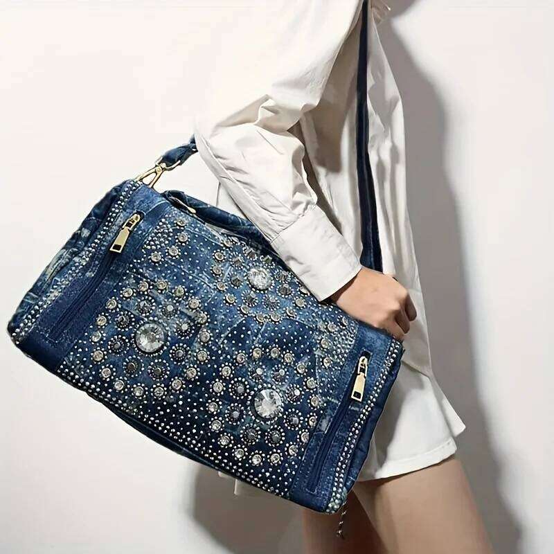 Ladies' Fashionable Gemstone Inlaid Elegant Handbag, Boston Bag, Personalized Street Style Y2k Hot Girl