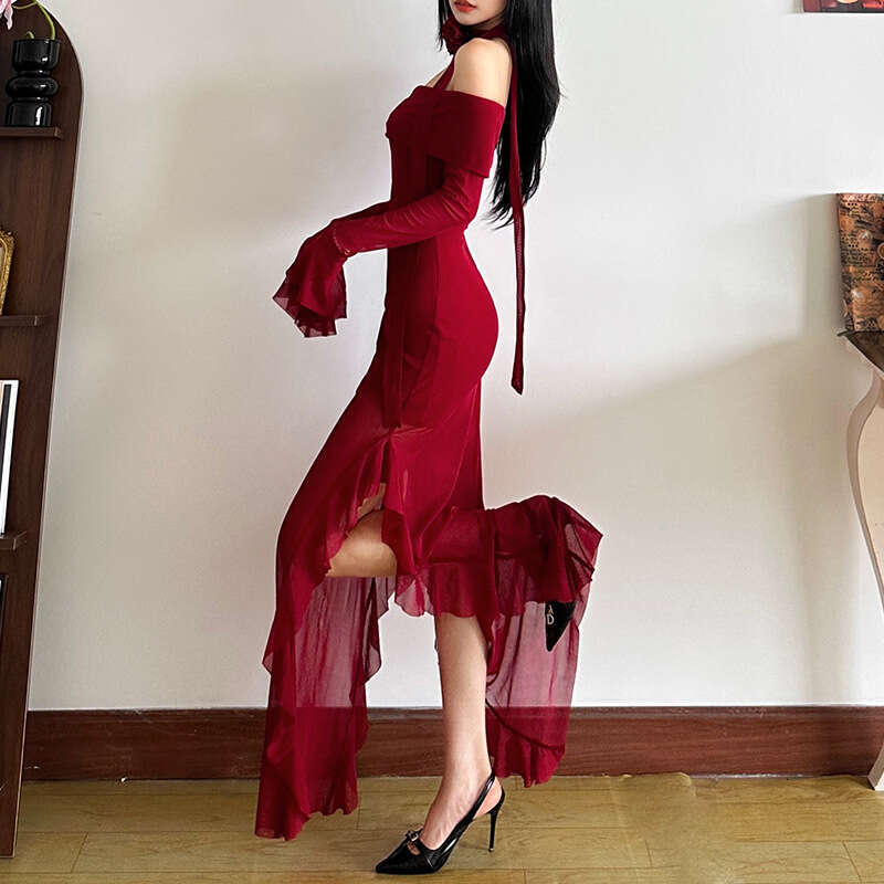2024 Autumn New Women's Solid Color Slim Fit Fashion Off-Shoulder Long Sleeve Split Dress fbf