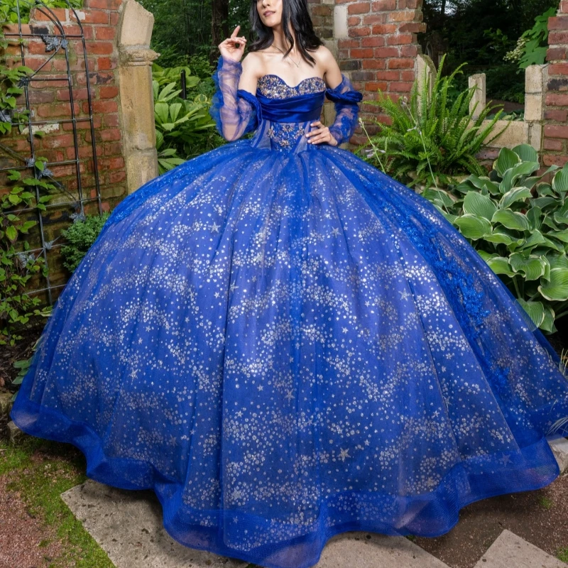 Royal Blue Quinceanera Dresses Off Shoulder Ball Gown Sweet 16 Dress Sequin Applique Beading Crystal Tull Birthday Party Vestidos De 15 Anos