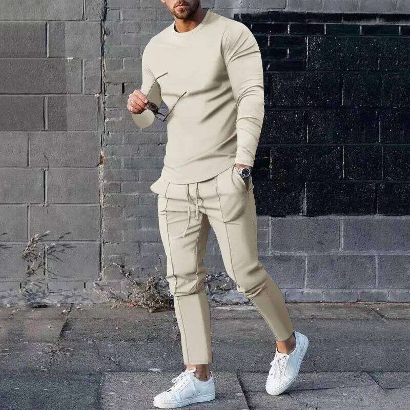 Solid color Men's Suit Sleeve T-shirt Long Pants 2 Pieces Set Tracksuit Casual Male Streetwear Oversize Clothing Sweatshirt