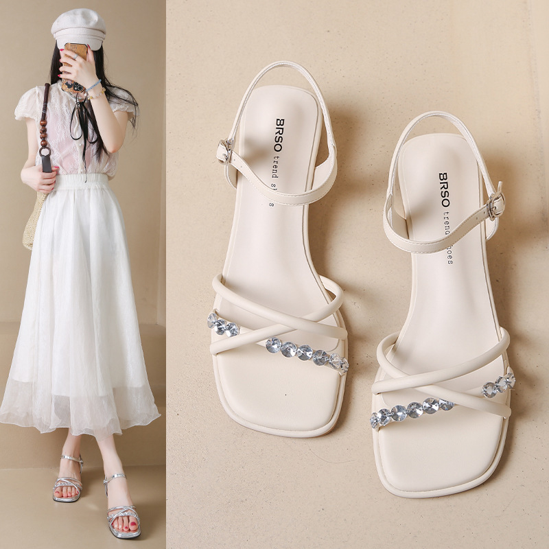 Ddmysports French Rhinestone Open Toe Sandals For Women Summer New Stunning High Heels Chunky Heel Versatile Fairy Style Beach Shoes Outdoor Shoes