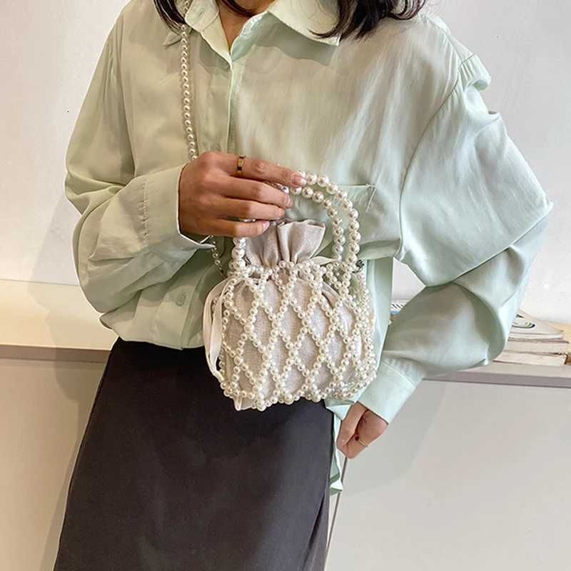 Luxury Pearl Wen Bucket Tote Bag Woven Pearl Crossbody Bags for Wen Small Wallet Handbag Casual Drawstring Fem Coin Purse Y250725