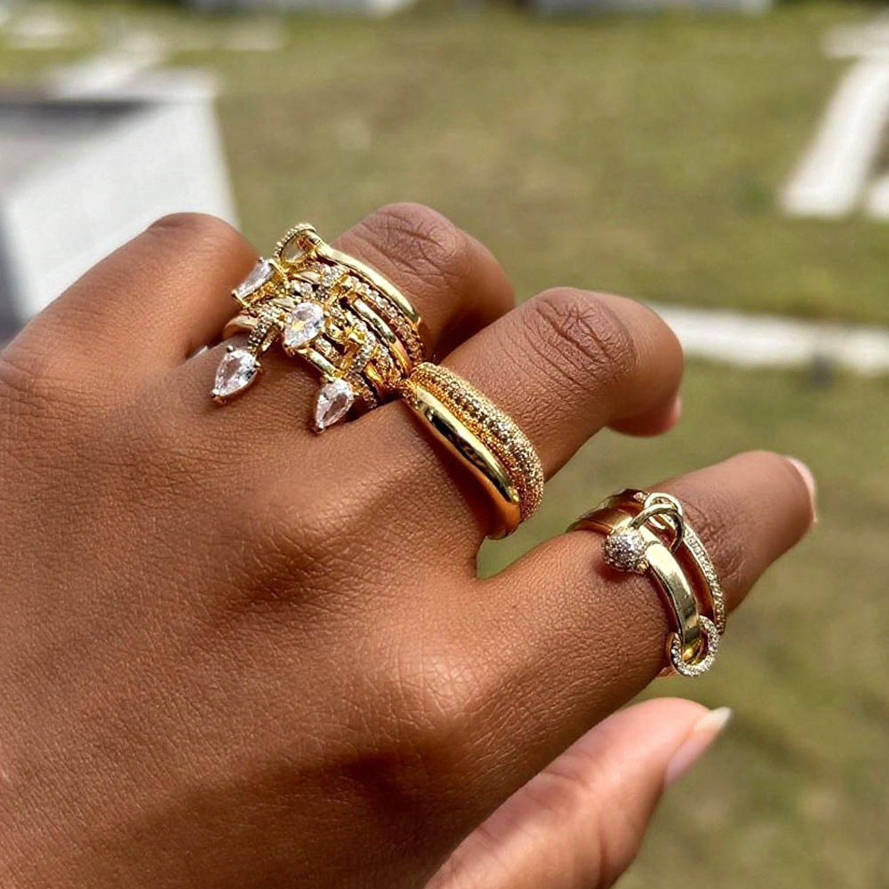 2025 New Arrivals Gold Color Multi Layer Geometric Ring Set Pave Bling Cubic Zirconia For Women Girl's Fashion Wedding Finger Jewelry