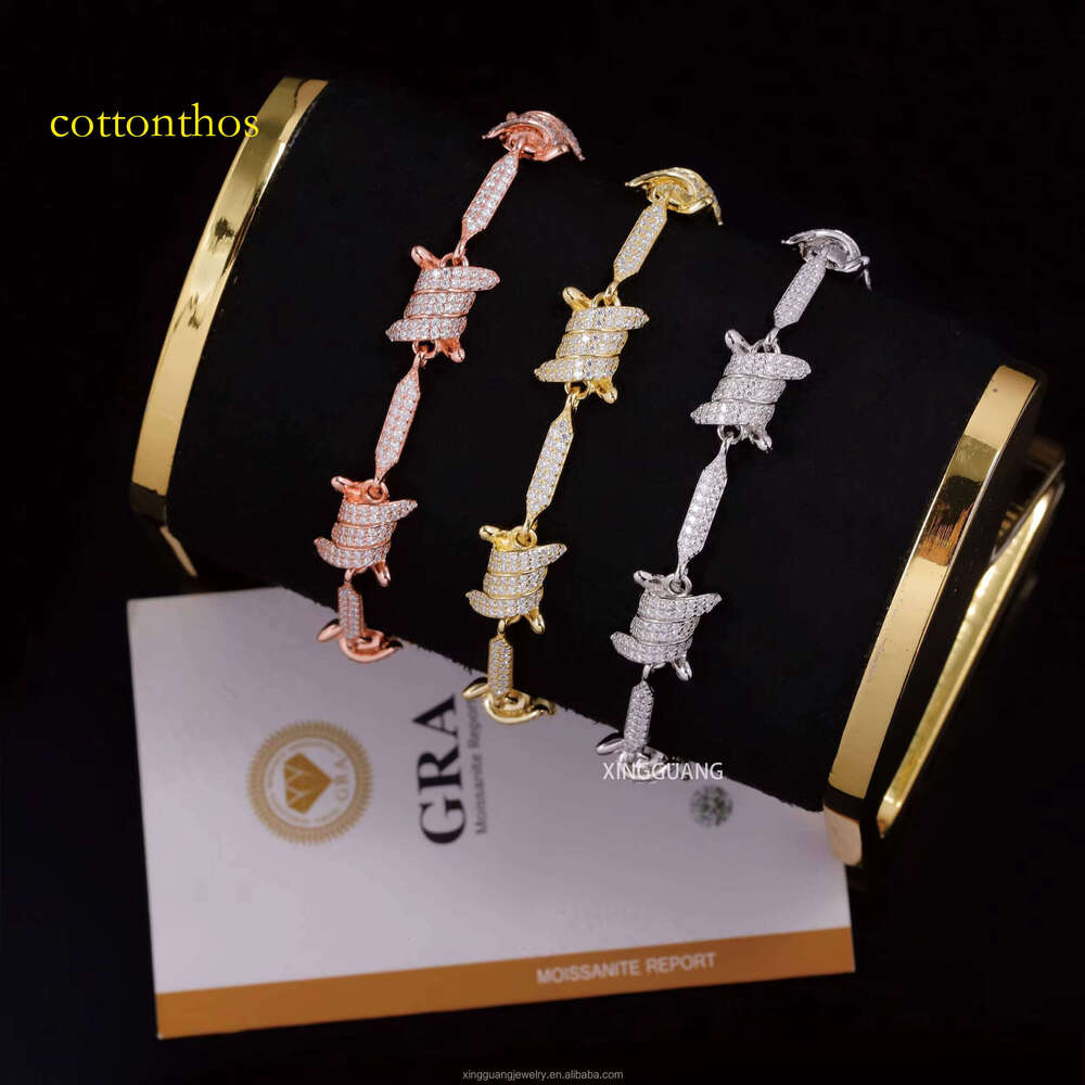 Fashion Gold Plated Men Women 8MM Spiked VVS Moissanite Chains S Sterling Sier Knots Link Cuban Bracelet Jewelry