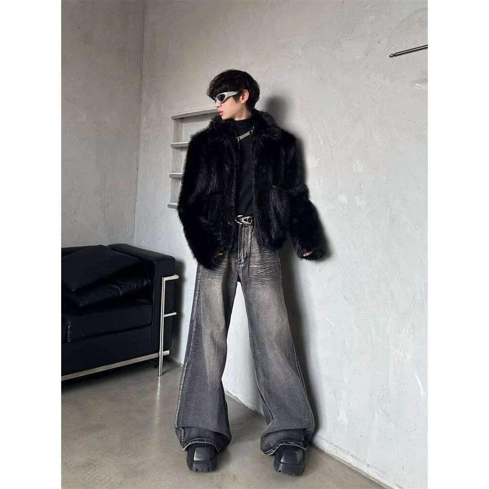 Stylish Mink Short Coats Loose High-End Retro Faux Fur Men's 2025 Autumn New Stand-Up Collar Black Long Sleeve Chic Jacket Tops