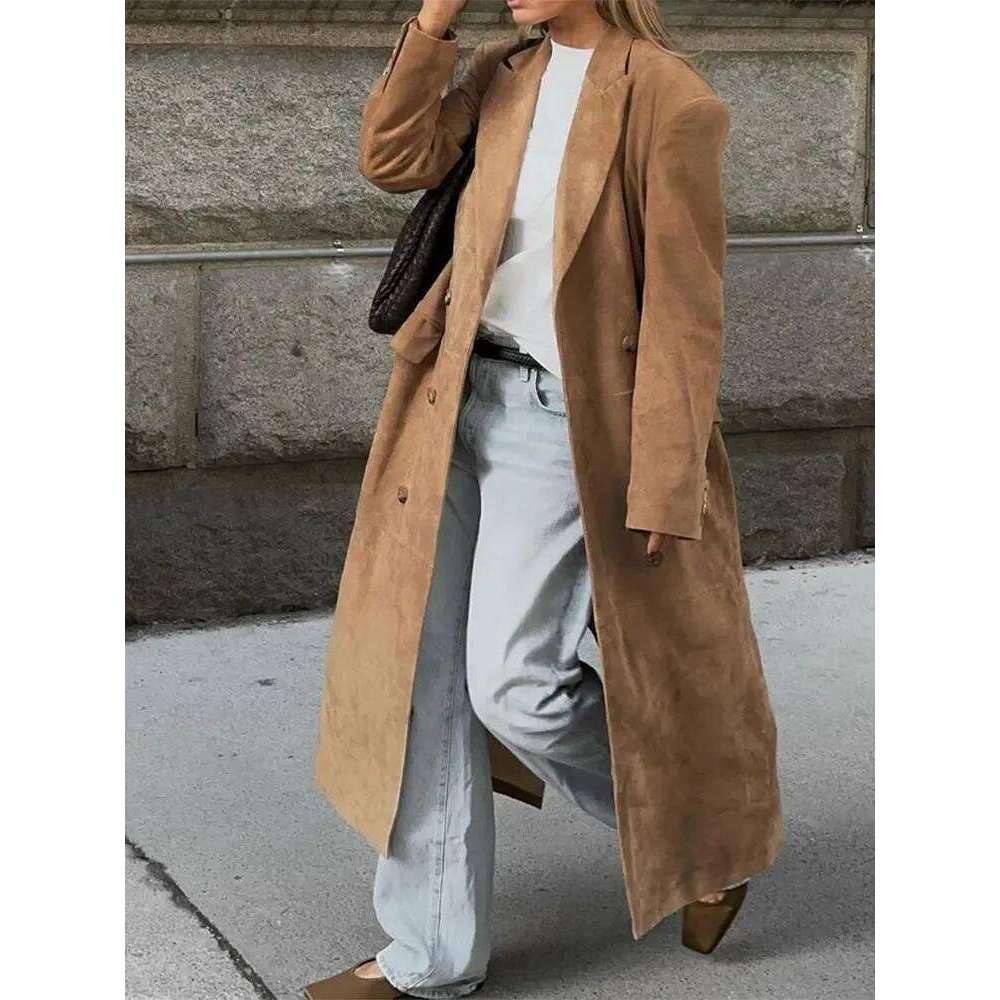 Designer Clothing Woman Khaki Lapel Long Coats Fashion Double Breasted Full Sleeve Jacket With Pocket 2024 Autumn Lady Commute Windbreaket Fashion