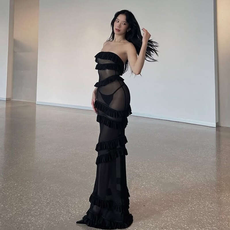 2025 Spring New Women's Solid Color Slim Street Fashion Off-Shoulder Tube Dress 6c3