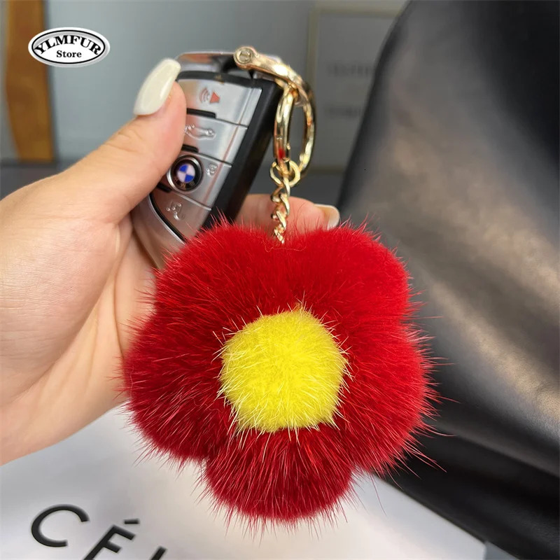 Korean Sweet Mink Fur Flower Keyrings Colorful Flower Keychains for Bags Charms Pom pom Flowers Keys Accessories Pendnat Gifts 250722