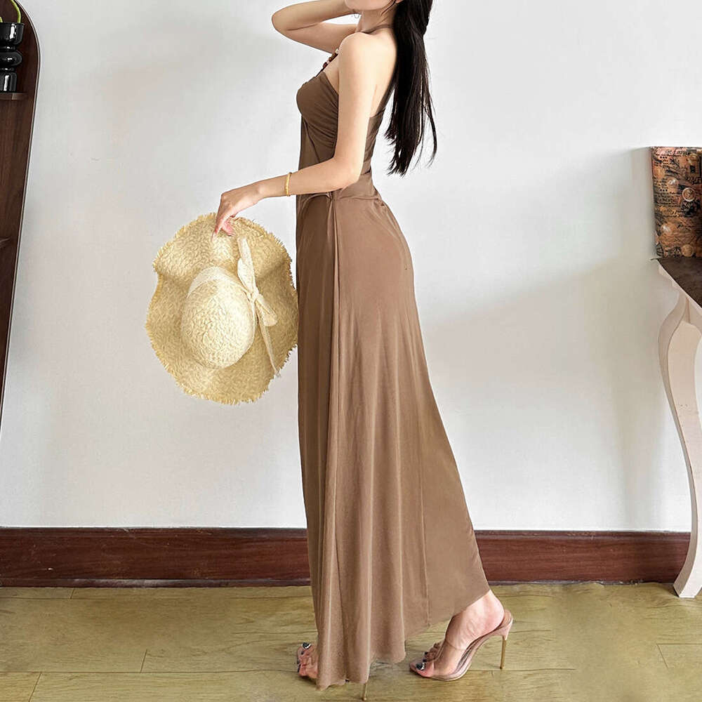 2025 Summer New Halter Neck Sleeveless Backless Slim Fit Waist-Cinching Solid Color Long Dress Women's Fashion 0a0