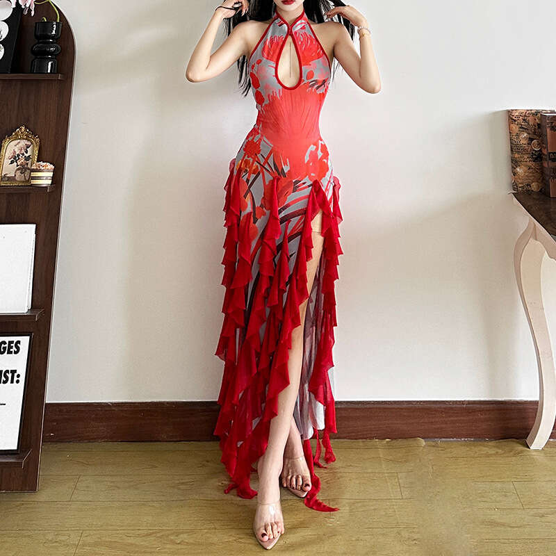 2025 Spring New Women's Solid Color Slim High Waist Fashion Halter Neck Backless Sleeveless Dress 379