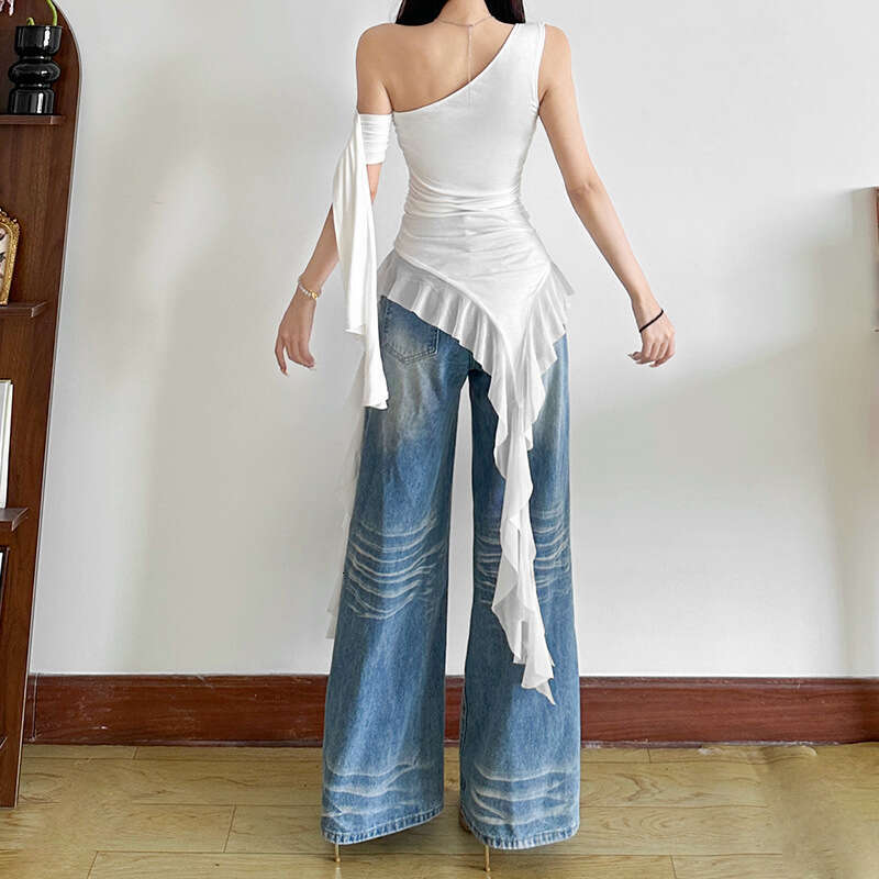 2025 Spring New Women's Fashion Solid Color Slim Street Style One-Shoulder Asymmetrical Neck Sleeveless Top 9a2