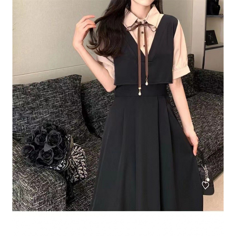 DR150 French style age-reducing belly-covering retro square-neck over-the-knee long skirt