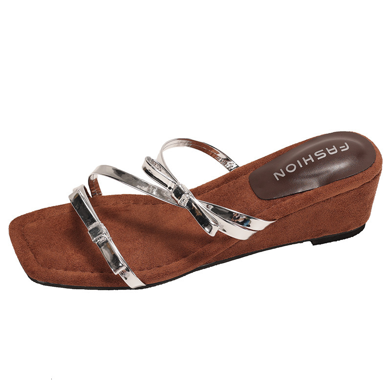 Ddmysports French Style Open Toe Bowknot Square Wedge Sandals For Women Summer New Elegant Gold Thin Strap Slip Ons Outdoor Shoes