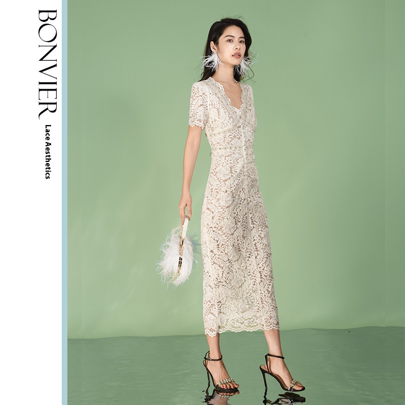 2025 Women Summer Elegant Short Sleeve Hollow Out Pearl Embroidery Midi Long Lace Evening Formal Basic Casual Dresses 6116554