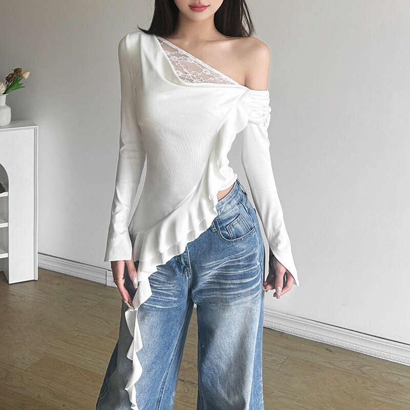 2024 Autumn New Women's Solid Color Slim Street Fashion Asymmetrical Neck Long Sleeve Backless Top 3c8