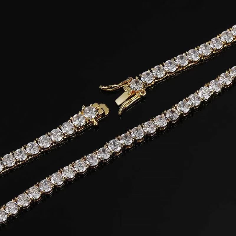 Cubic Zirconia Tennis Chain Necklace 18k Gold Plated Mens Iced Out Tennis Chain