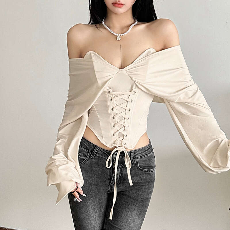 2024 Autumn Winter New Women's Solid Color Slim Street Fashion Off-Shoulder Backless Long Sleeve Top bc4