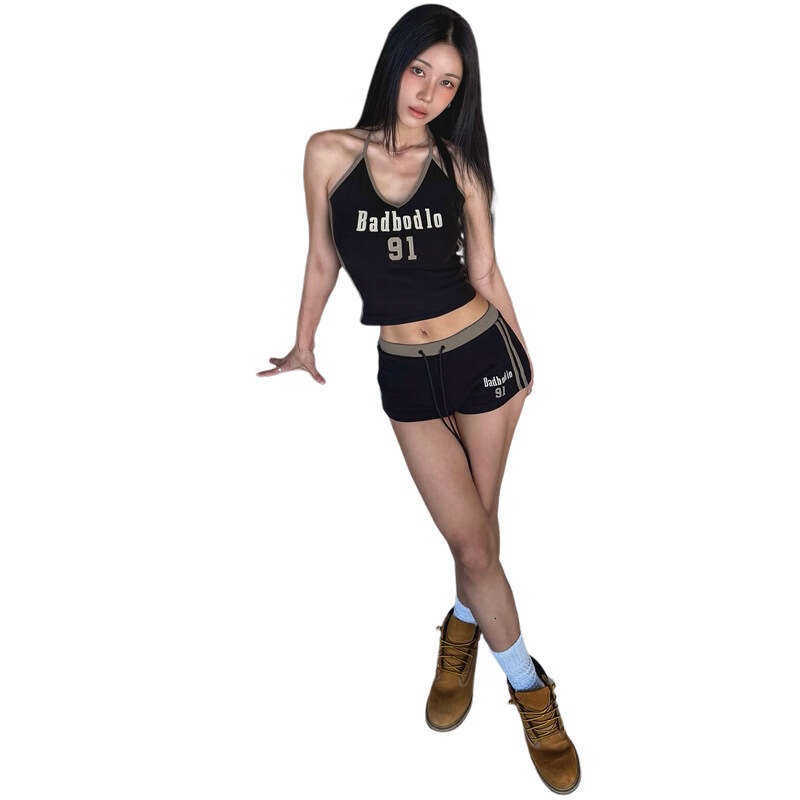 2025 Summer New American Style Sexy Hot Girl Halter Neck Letter Top Slim Fit Versatile Shorts Set fe0