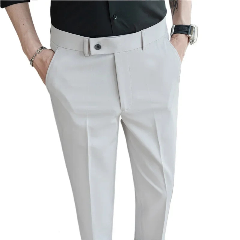 2025 Summer Thin White Elastic Nine Cent Suit Pants for Mengray Blue Fourside Comfortable Drape Mens Casual Trousers 250725