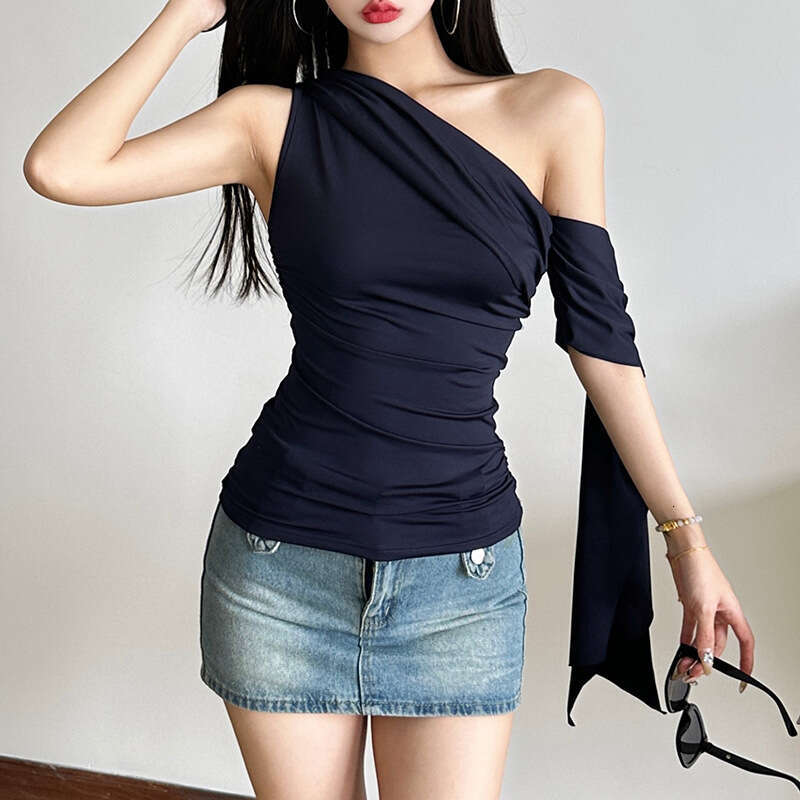 Women's Clothing 2025 Spring Summer New Sexy Off-Shoulder Ribbon Short Sleeve Slim Fit T-Shirt 093