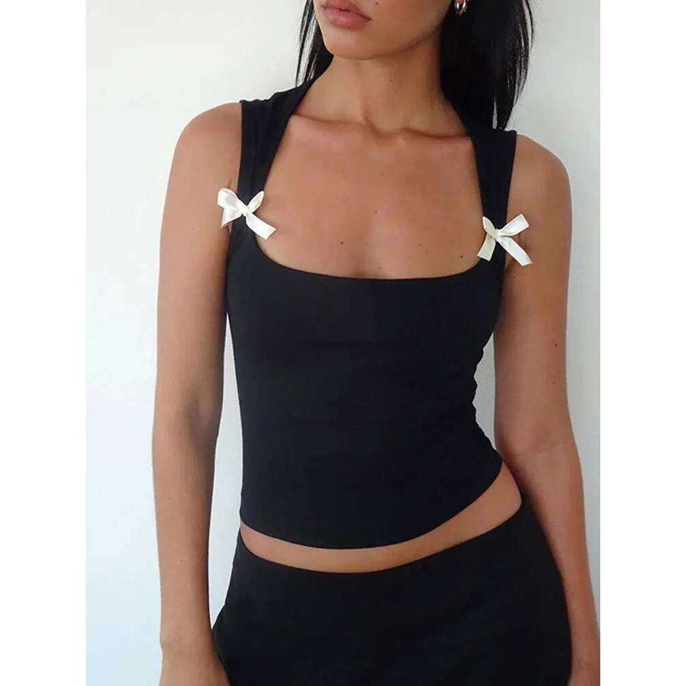 Y2K Women's Bow Tie-Up Tank with Wide Shoulder Straps Bandage Camisole Sexy Low Cut Crop Female Vest Top