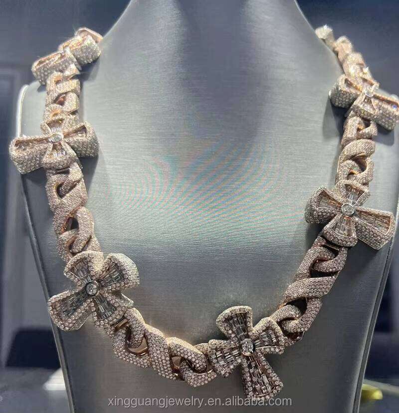 Customized Cross baguette Moissanite Heavy Cuban Link Sterling Jewelry Charms Sier Chain Hip Hop Necklace