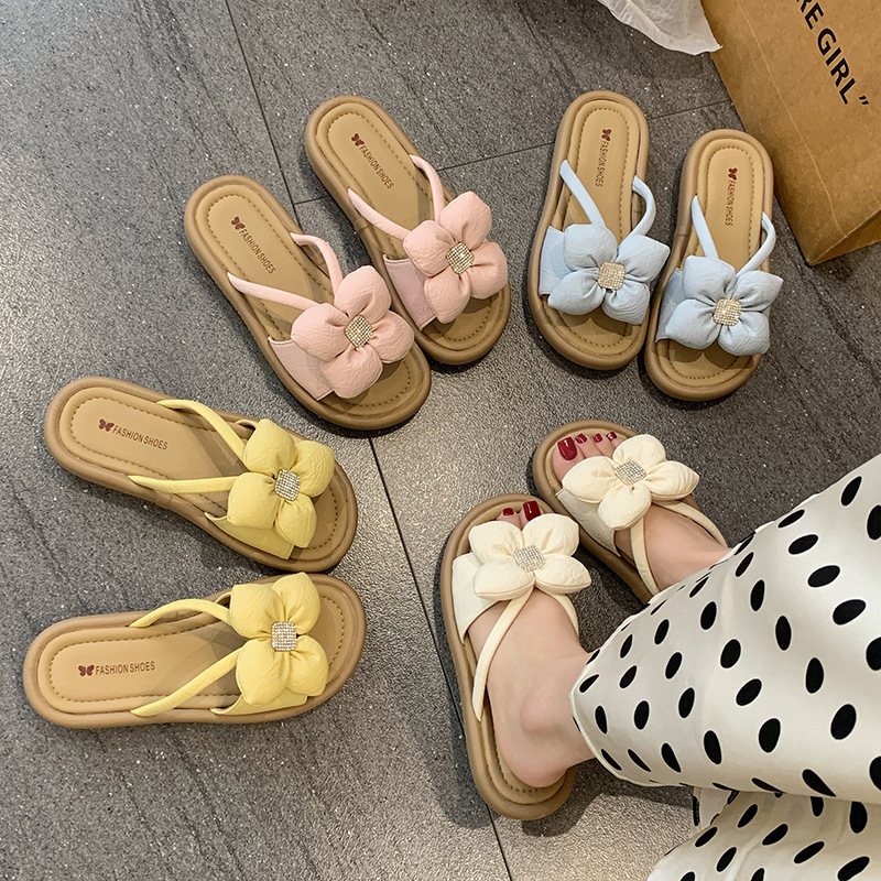 Ddmysports Fashion Rhinestone Flower Thick Sole Slippers For Women Summer Outdoor New Fairy Style One Strap Platform Sandals Outdoor Shoes