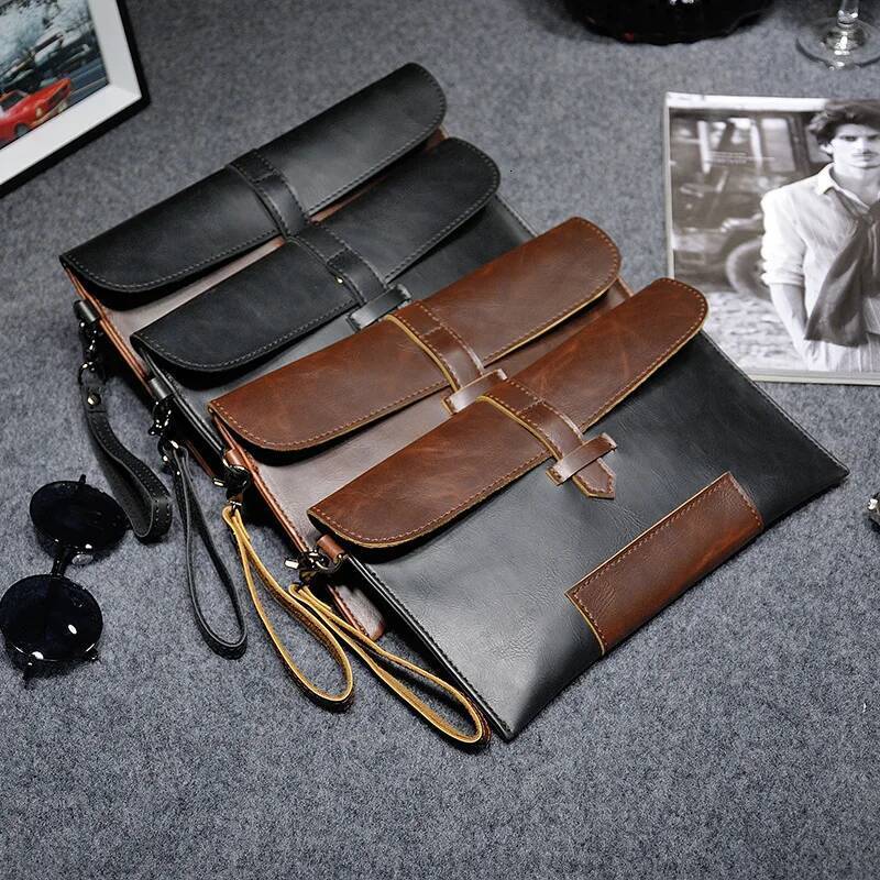Crazy Horse Leather Vintage Fashion Envelope Clutch For Men Small Purse High Quality Clutches Bag Man Handbag