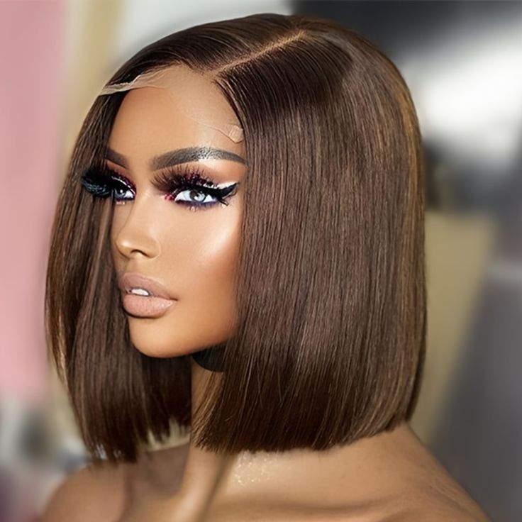10A 100% real hair Fashion Brown Bob Cut Middle Part Short Straight Real Human Hair Hot Selling Front Lace Wig