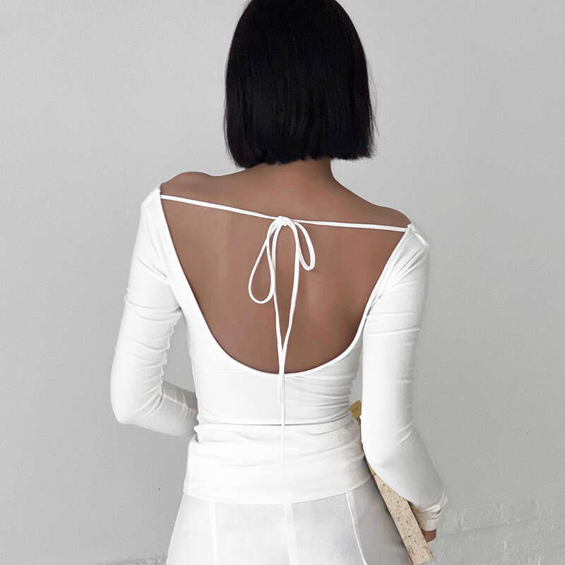 Y23tp409 Women's Fashion Autumn Winter New Solid Color Swing Collar Long Sleeve Backless Tie Sexy Top T-Shirt For Women B5