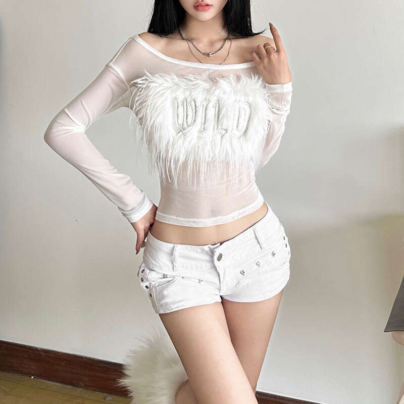 Women's Clothing 2024 Autumn Winter New Solid Color Long Sleeve Off-Shoulder Mesh See-Through Top for Women 68d