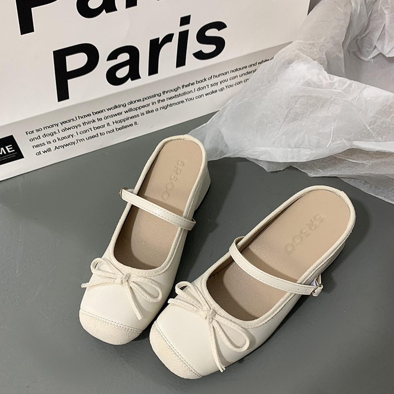 Ddmysports Silver Mary Jane Half Outdoor Summer French Style Chunky High Heel Bowknot Loafers Slippers For Women Outdoor Shoes