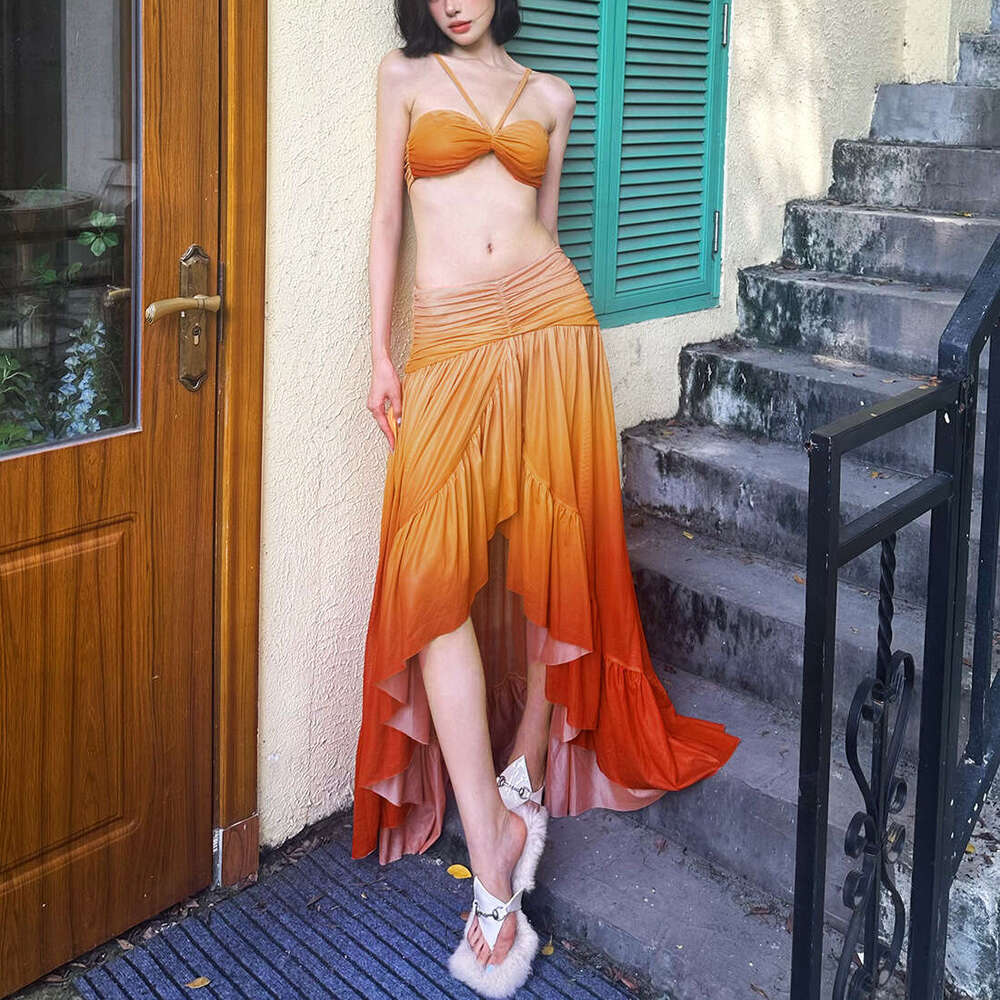 2025 Summer New Trendy Strapless Crop Top Sexy Slim Fit High Waist Irregular Skirt 072