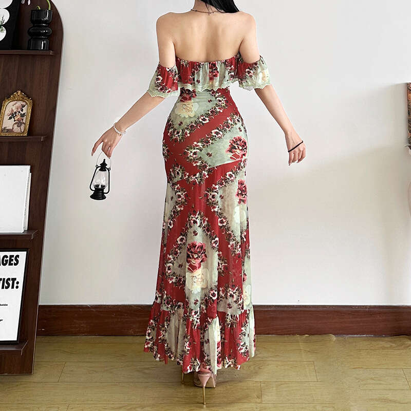 2025 Women's Spring Summer New Fashion Printed Slim Sexy Off-Shoulder Dress 2ac