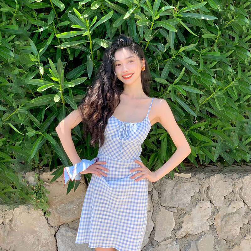 2024 Summer New Women's Solid Color Slim High Waist Fashion Strap Sleeveless Plaid Dress c84