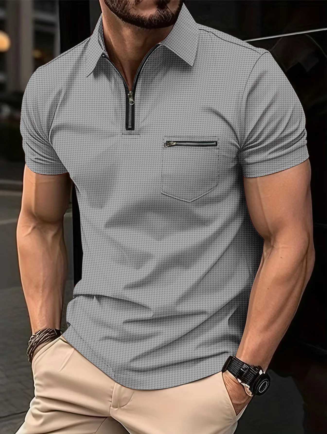 Mens Casual Summer Short Sleeve Polo Shirt Office Fashion Lapel Zipper Pocket T-Shirt Mens Breathable Polo Shirt Mens Top XJ250725