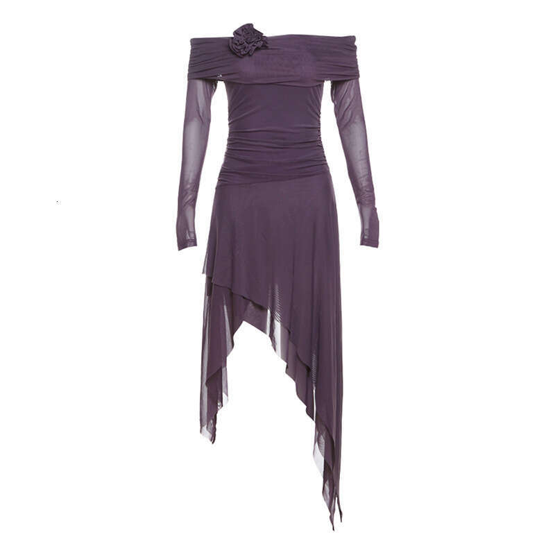 2024 Autumn New Women's Solid Color Slim Street Fashion Off-Shoulder Long Sleeve Dress a59