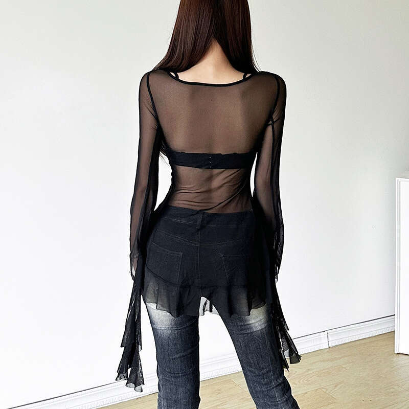 2024 Summer New Women's Solid Color Slim Street Fashion V-Neck Long Sleeve Sheer Top 2f6