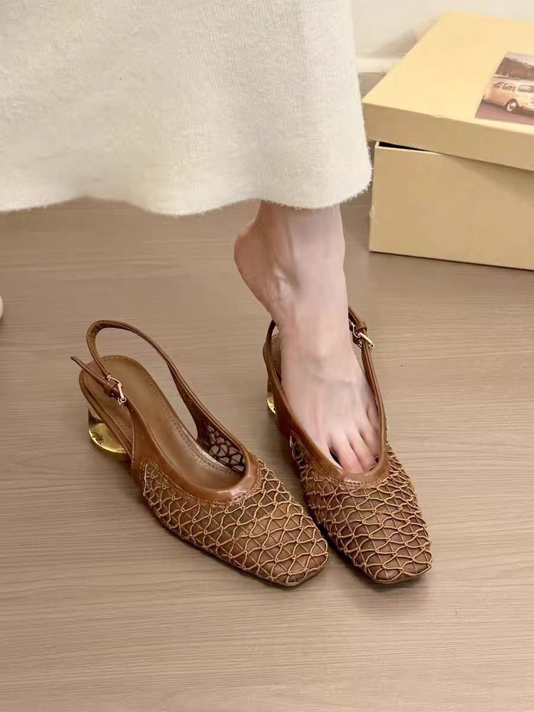 Designer sandals French Style Elegant Square Toe Woven Closed Back Sandals for Women 2025 New Design Sense with Dress Crystal Heel Single Shoes