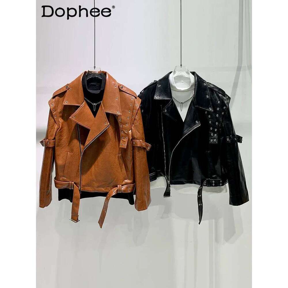 Fashion 2025 Autumn Metal Leather Jackets Men's Irregular Splicing Design Trendy Short High Street Jacket Long Sleeve Tops