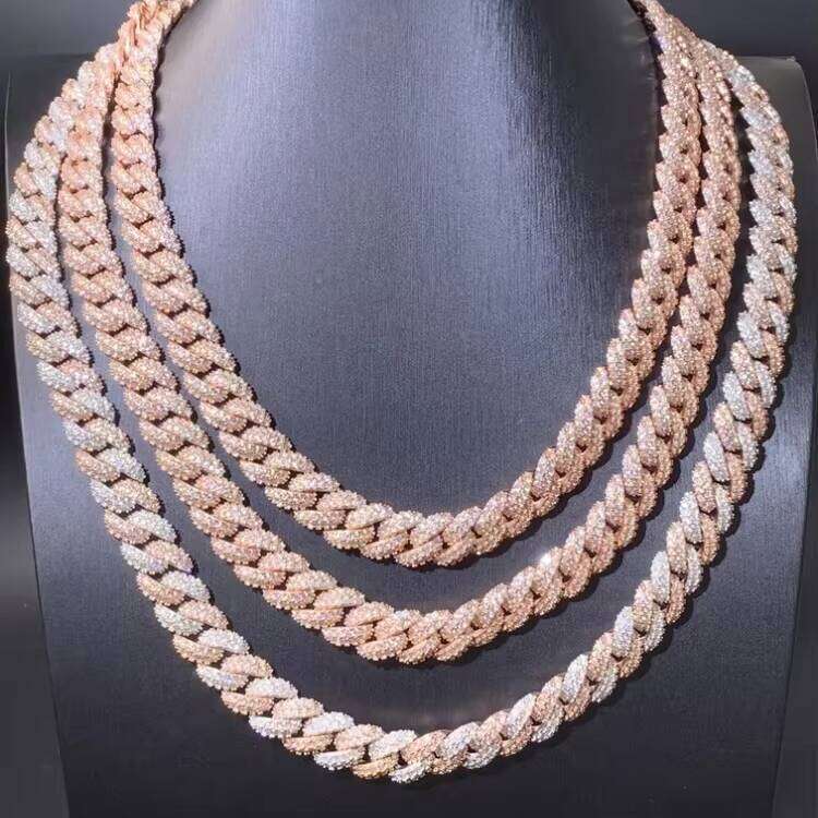 13mm Wide White/Yellow/Rose S Sier Gold Plated VVS Moissanite Dia Cuban Link Chain for Mens Hip Hop